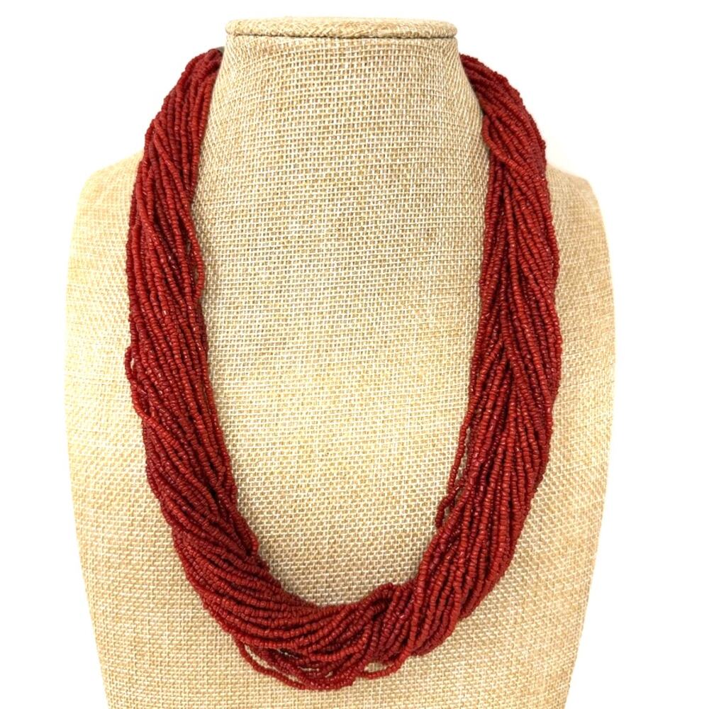 Vintage Multi Strand Red Seed Bead Necklace Twisted Torsade Tribal Boho 23.5"